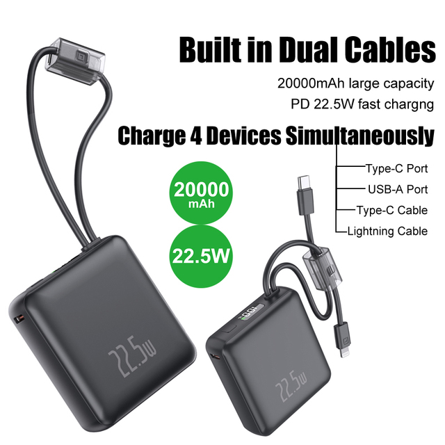 20000mAh Built in Dual Cables Power Bank 22.5W Fast Charging Portable Phone Charger with Lanyard Led Power Display PD37-20000