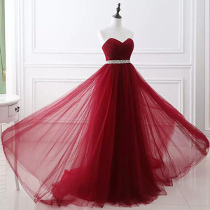 Wine Red A-Line Tulle Evening Dress Sweetheart Neckline With Rhinestone Belt For Weddings And Graduation Parties - Product Image 4