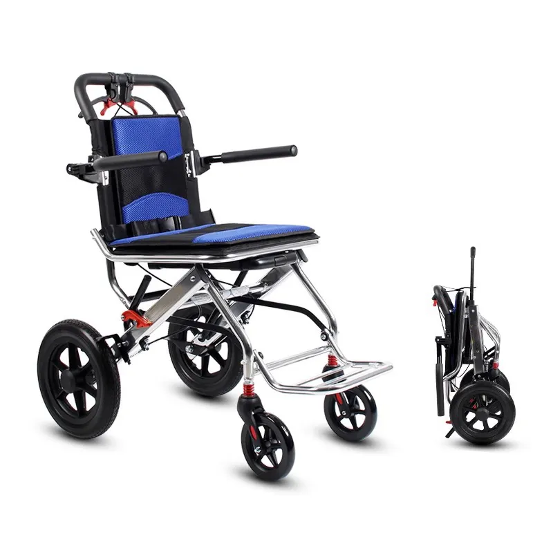 Cadeira de rodas dobrável de alumínio para viagens, cadeira de rodas manual pequena e leve