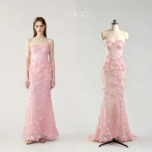 Robe de soirée sirène en tulle rose, sans bretelles, broderie florale 3D, coupe ajustée, pour invitée de mariage, vente en gros OEM, usine chinoise - Product Image 1