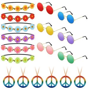 Conjunto de accesorios para fiesta hippie con diademas de flores, gafas de sol coloridas y collares con el signo de la paz para decoraciones de fiestas de disfraces. - Product Image 5