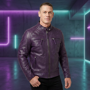 Chaqueta de Motociclista de Cuero PU Morado para Hombre, Cuello Alto, Cierre de Cremallera, Corte Regular, Color Sólido, Estilo Otoñal - Product Image 1