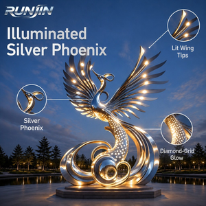 Escultura de Pájaro <span class=keywords><strong>Fénix</strong></span> de Acero Inoxidable Soldado, Pulido a Espejo, Iluminada con LED para Exteriores, Fuente de Agua para Jardín, Tamaños Personalizados - Product Image 2