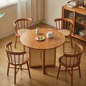 Nordic Style Solid Wood Rattan <b>Round</b> <b>Dining</b> <b>Table</b> And Chairs Set For <b>Small</b> Apartment Home Guesthouse Simple <b>Dining</b> Room - Product Image 2