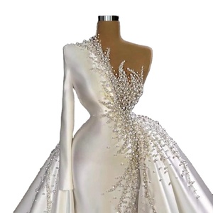 Vestido de Novia de Satén de Lujo con Cola, Elegante Vestido de Gala Ajustado con Cuentas, Volantes Drapeados y Bordados, Precio de Fábrica - Product Image 1