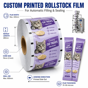 Sachet personnalisé long et étroit pour aliments pour animaux, imprimé, à trois soudures latérales, emballage en pochette adhésive pour friandises pour chats, purée et pâtes pour animaux - Product Image 5