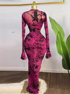 Ensemble robe longue en maille transparente 2 pièces pour femme, robe moulante à manches longues à imprimé floral avec fronces, tendance - Product Image 3