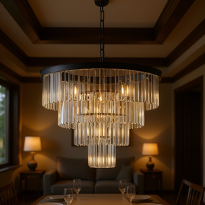 Modern 4 Tier Crystal <b>Chandelier</b> Black Iron 24 In Round Pendant <b>Light</b> For Dining Room Living Room <b>Bedroom</b> Led E14 Bulbs - Product Image 2