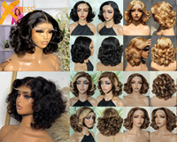 Perruque Courte Bob Blonde Mèches Blanches et Brunes Brésilienne Sans Colle avec Fermeture en Dentelle 5x5, Cheveux Humains Bouclés Ondulés Blonds 200%, Vente en Gros