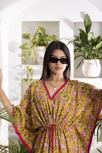 Rose Print Mustard <b>Kaftan</b> For <b>Women</b> With V Neck Ruffled Edges And Flowing Silhouette For Stylish Comfortable Casual Fashion Wear - Product Image 3