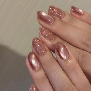Uñas Postizas con Efecto Ojo de Gato Rosa Brillante, Uñas Simples con Purpurina, Puntas de Uñas Cortas y Redondas, Producto Terminado - Product Image 1