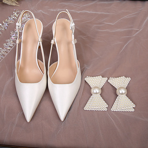 High Quality <b>White</b> Wedding Shoes for Bride <b>White</b> Pearl Slingbac Ladies Pump - Product Image 1
