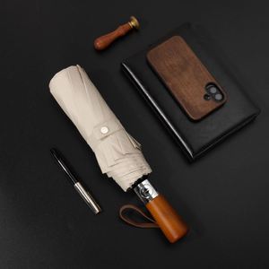 Parapluie pliant automatique 3 sections avec logo personnalisé, poignée en bois massif, coupe-vent, imperméable, idéal pour cadeaux d'affaires - Product Image 1