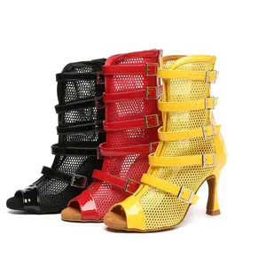 2023 новая стильная женская обувь для латинских танцев дышащая сетчатая Современная джазовая танцевальная обувь желтого цвета на высоких каблуках танго