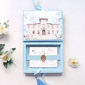 Boîte d'invitation de mariage en velours de haute qualité avec illustration personnalisée de l'emplacement, <span class=keywords><strong>sceau</strong></span> de <span class=keywords><strong>cire</strong></span> et carte chronologique pour mariage - Product Image 1