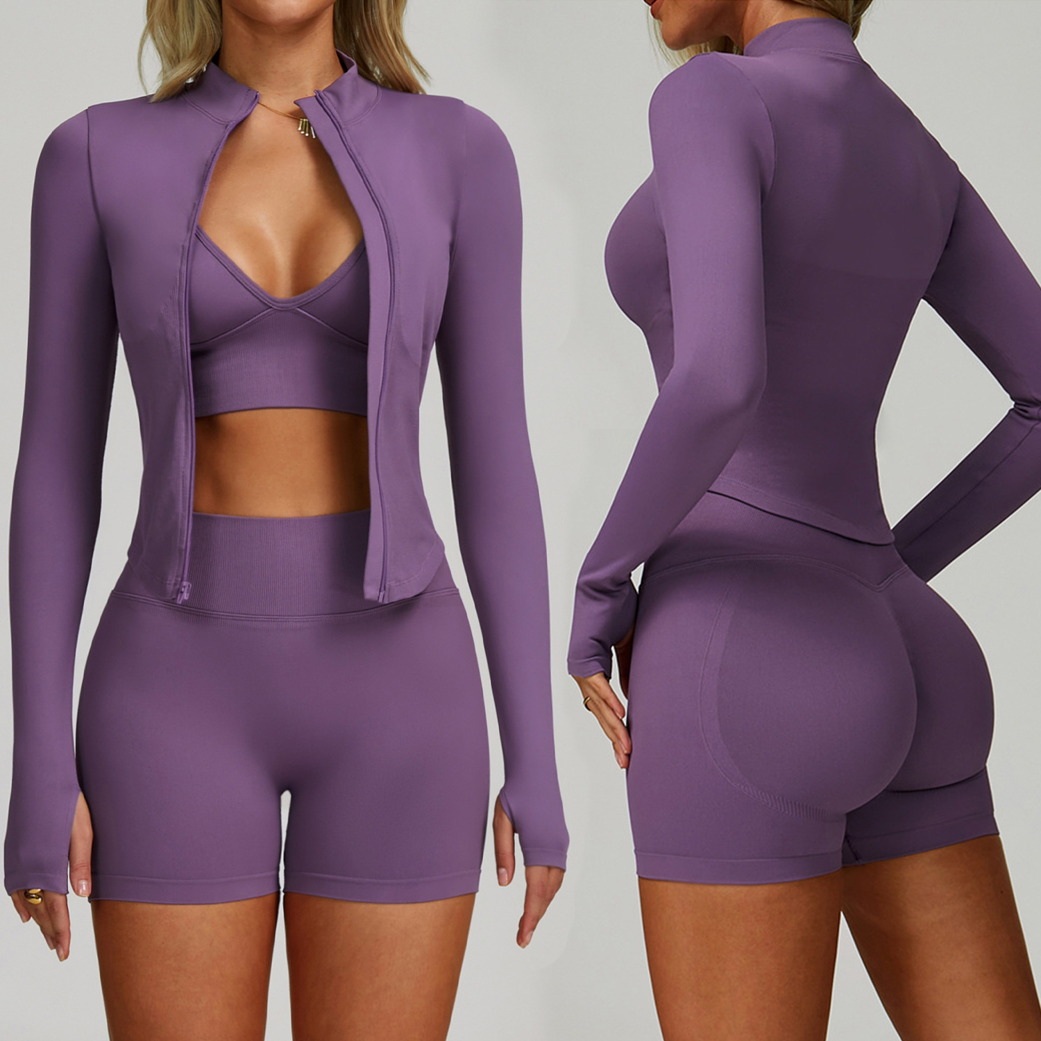D-TZ7790-5 Quick-Drying Three-Piece Yoga Suit Waist Slimming Fitness Set for Outdoor Running Above Knee Shorts Summer