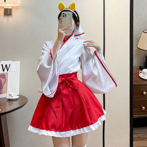Inu X Boku SS Shirakiin Ririchiyo Priestess Kimono Cosplay Costume Women's Full Set Red White Polyester Winter 2023 - Product Image 4