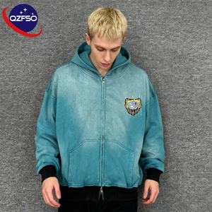QZFSO Custom Sun Faded Color-Block Washed Zip up Parche bordado Logo Vintage Faded Washed Boxy Fit Acid Wash Distress Hoodie - Product Image 1