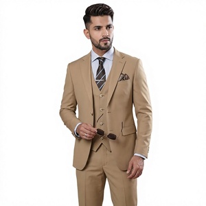 Traje de Negocios para Hombre, Color Beige, Cierre de un Botón, Solapa con Muescas, Estilo Británico, Mezcla de Lana y Poliéster, Corte Regular, Antiarrugas, Tejido - Product Image 1