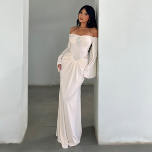 Robe de soirée sirène élégante avec col en V, manches cloche évasées, patchwork plissé, robe luxueuse pour mariage ou soirée - Product Image 6