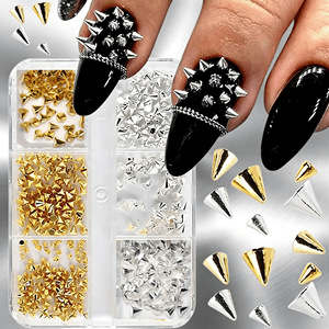 6 Rejillas de Adornos de Uñas Punk, Remaches Dorados y Plateados de Tamaños Mixtos, Puntas Planas y Conicas para Manicura y Decoración DIY de Uñas - Product Image 2
