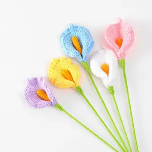 Finished Hand-knitted Crochet Flowers Artificial Calla Lily Fake Flowers Plants For Home Table Decor Wedding Bridal Bouquet