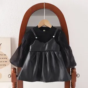 Long-sleeved Leather Skirt For Baby Girl Dresses Princess Children's 2024 Spring Autumn New 1 Pcs Toddler Dress