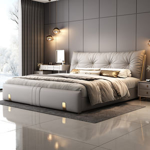 Современная кровать размера «queen-size» с обивкой и элегантным изголовьем с пуговицами, изготовленная из дерева для роскошной спальни - Product Image 2