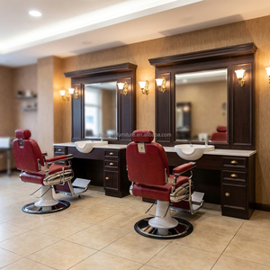 Station de barbier en bois de style antique de luxe avec miroir LED et armoires pour <span class=keywords><strong>salon</strong></span> de coiffure - Product Image 5