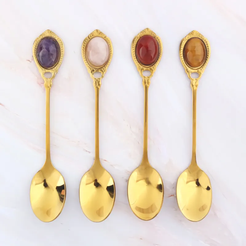 Natural Gem Crystals Healing Stones Small Circular Spoon Stainless Steel Dessert Coffee Tea Mixing Stirring Spoons
