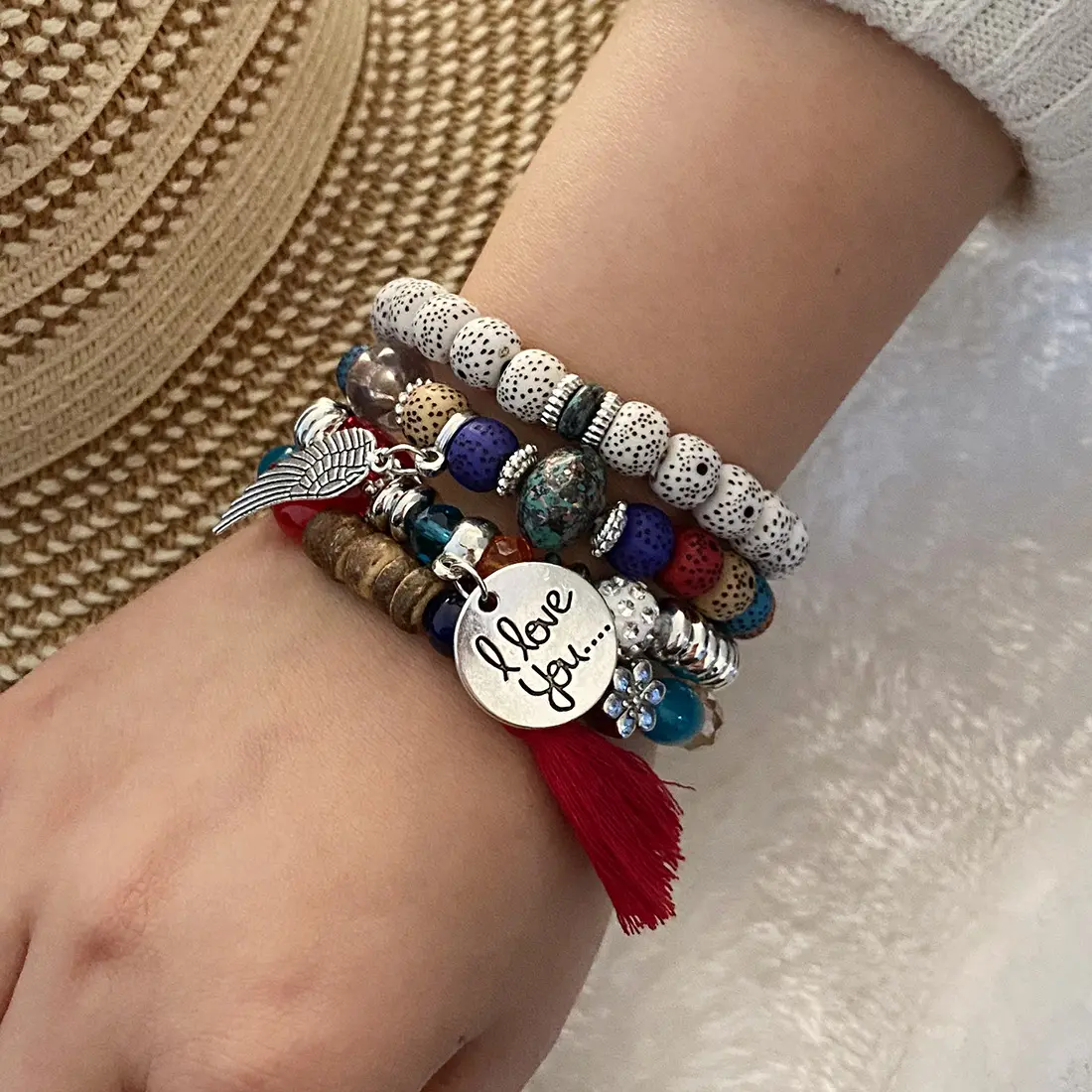 Personalized Polka Dot Wings Tassel Hand Jewelry Bohemian Colorful Handmade Beaded Bracelet Set