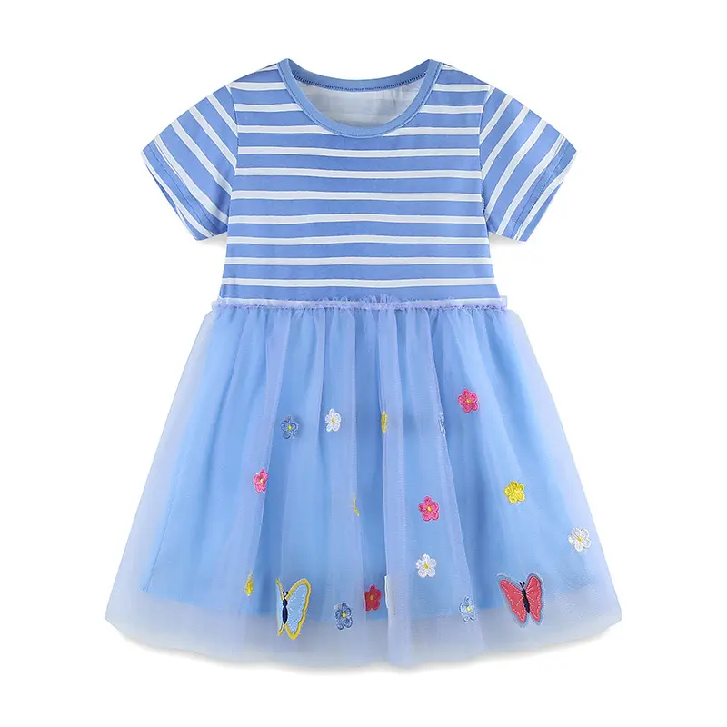 ホット販売高品質キッズバタフライ刺繍半袖ドレス鳥プリント漫画かわいい幼児キッズガールズストライプドレス