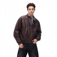 Blouson moto en cuir PU marron pour homme, col montant zippé, style décontracté, avec poignets et ourlet côtelés