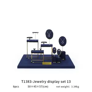 VANLOCY Set tampilan perhiasan logam mikrofiber kelas atas kalung kustom biru set tampilan perhiasan anting-anting cincin dada kalung berdiri Set