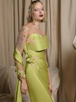 Robe de soirée trapèze en satin à col montant LM D369 Chartreuse, taille naturelle, appliques florales 3D en cristal, fente avant, robe de cérémonie