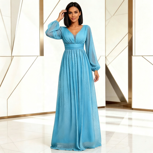 <span class=keywords><strong>Robe</strong></span> de soirée élégante pour femme, à manches longues, col en V, fluide, doublée, plissée, extensible, transparente, pour les occasions formelles - Product Image 4