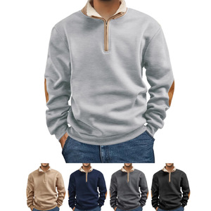 Sweat-shirt à fermeture éclair pour homme, coupe ajustée, manches longues, vêtements de loisirs, noir avec patchwork marron - Product Image 3