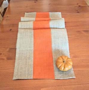 <b>Rustic</b> Striped <b>Table</b> Runner With Orange Center Panel And Natural Burlap <b>Sides</b> For Home Decor - Product Image 1