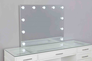 Modern Solid Wood Vanity Padded <b>Stool</b> Set 8mm Glass Top Storage Drawers LED Lighted Luminous White Finish for Room - Product Image 3