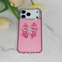 Coque de téléphone avec cadre en strass oreilles de chat et nœud en tulle 3D, protection mignonne pour iPhone 17 16 15 14 13 12 11 Pro Max