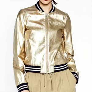 <b>Womens</b> Real Gold Metallic Leather Bomber <b>Jacket</b> Striped Rib Knit Trim Zip Front Shiny Varsity Coat Custom <b>Winter</b> <b>Warm</b> Outerwear - Product Image 1