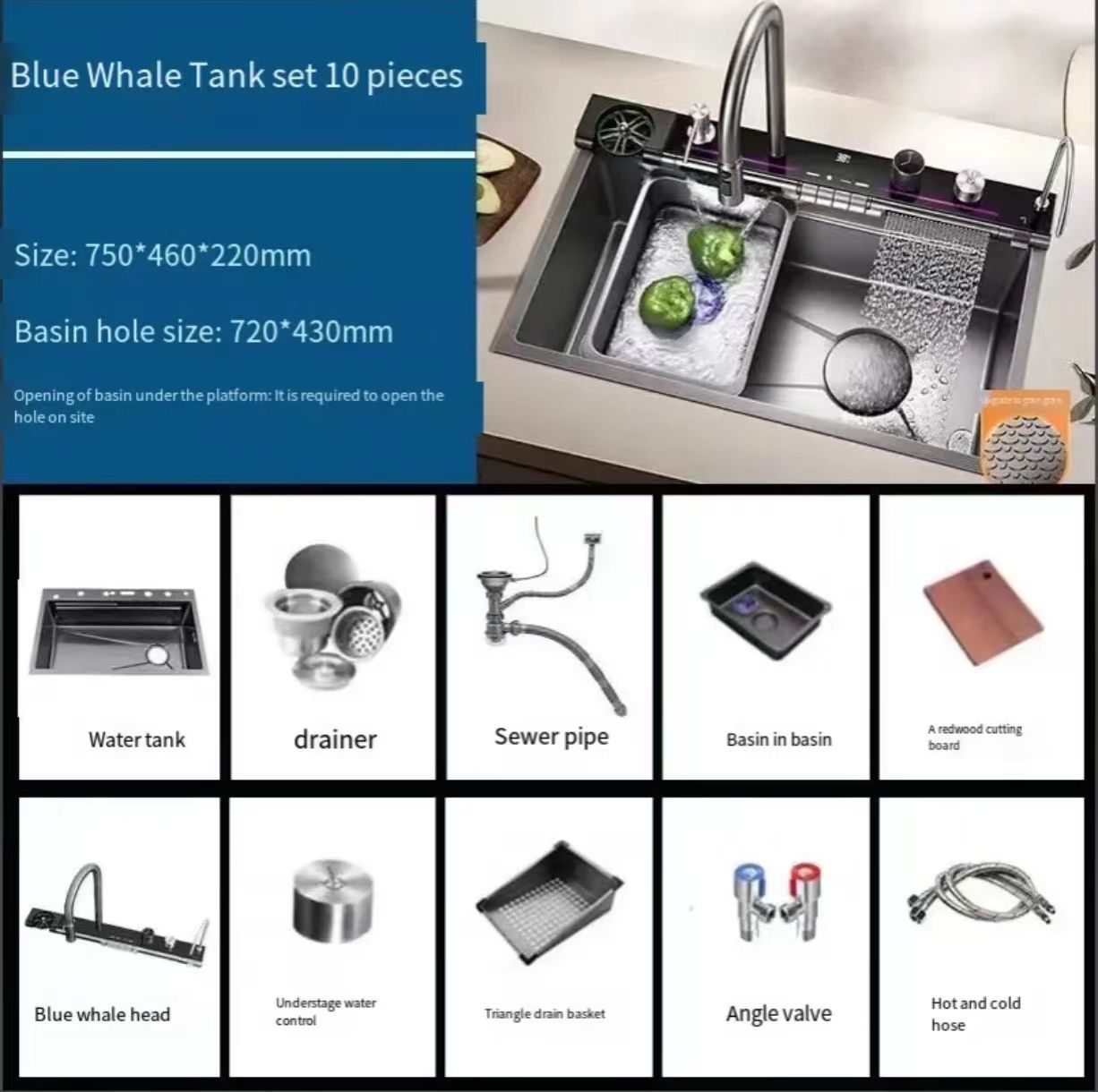 Smart Kitchen Sink with High Pressure Cup Washer Waterfall Faucet DigitalTemperature Display Nano Gray Workstation Sink · image 6