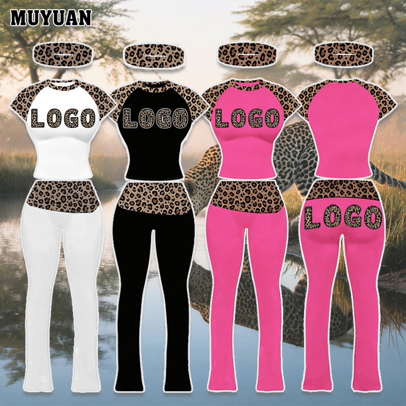 Made to Order Leopard Print 2 Piece Yoga Set for Women Short Sleeve Lounge Tee and Foldover Leggings Spandex Cotton Summer