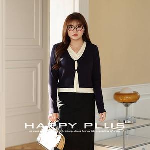 แฮปปี้ พลัสเสื้อถักคอวีสีบล็อกแขนยาวเสื้อสเวตเตอร์ผู้หญิงไซส์ใหญ่สีฟ้าเจมสโตนสไตล์วิทยาลัย N8825 - Product Image 5