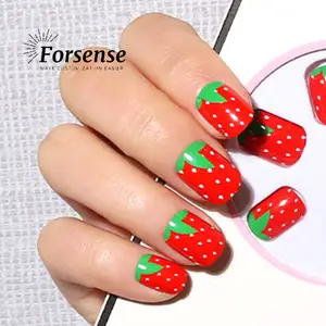 custom kawaii strawberry press on nails short reusable acrylic fake nails with glue wholesale stick on false nails girls women