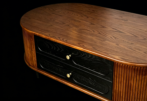 Retro Oval Fluted Wood Coffee Table with 2 <b>Drawers</b>, Mid-Century Storage Table for Living Room - Product Image 5
