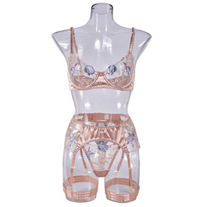 Ensemble de Lingerie Femme INS en Dentelle Brodé Color Block avec Soutien-Gorge, Culotte, <span class=keywords><strong>Porte</strong></span>-Jarretelles – Ensemble 4 Pièces Sexy en Maille Transparente, Confort Léger - Product Image 6