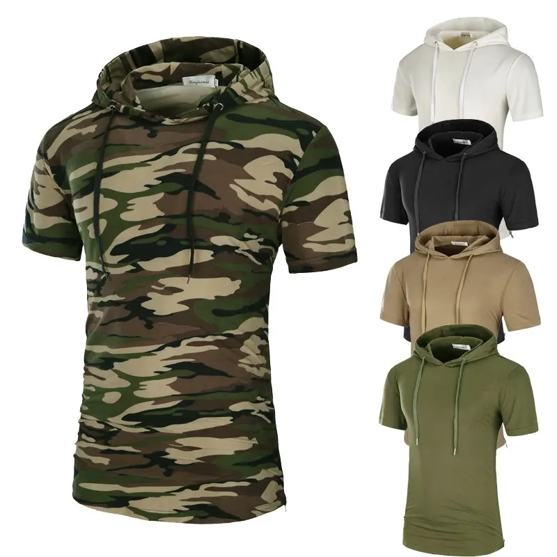 Customized logo men's short-sleeve hooded t shirt camouflage mid-length hoodie shirt camouflage men T-shirt stylish t shirts