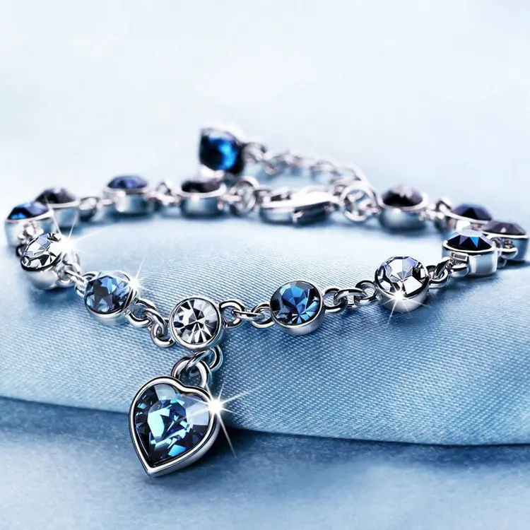 TongLing कंगन दिल आकर्षण नीले स्पष्ट क्रिस्टल हीरे की श्रृंखला जिक्रोन कंगन लड़कियों महिलाओं के लिए