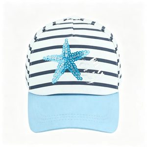 Nautical Stripe <b>Baseball</b> <b>Cap</b> with Sequin Starfish Holiday Beach Sun Hat for Girls - Product Image 3